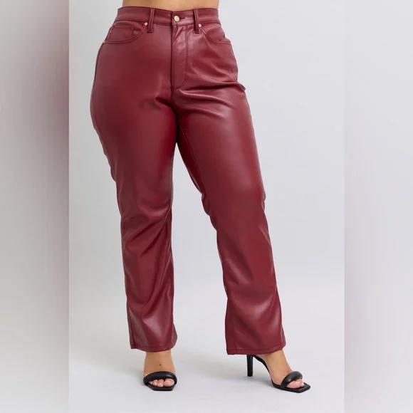 Judy Blue Full Size High Waist Tummy Control Faux Leather Straight Pants